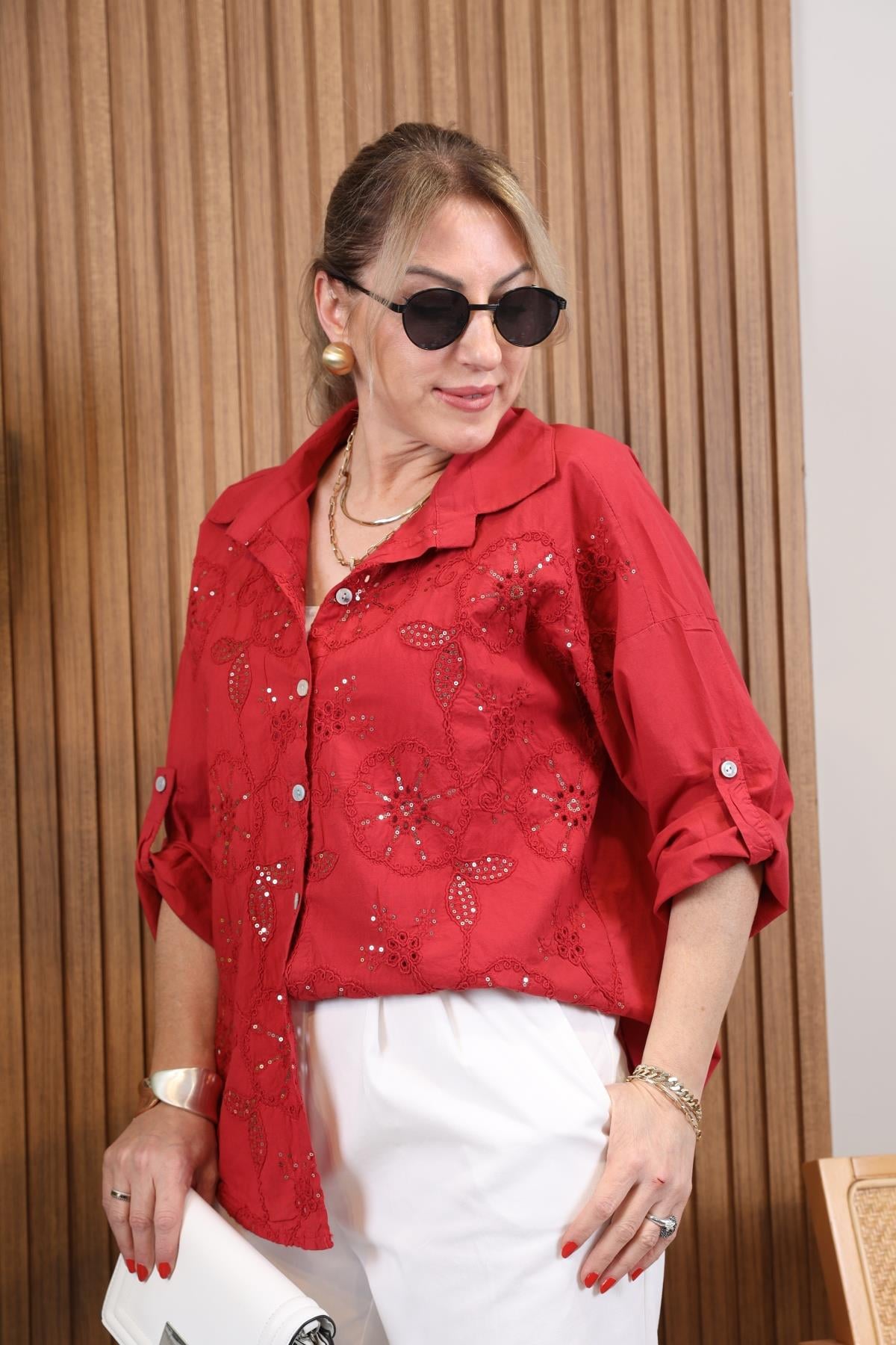 İthal Pul İş Bordo Coton Gömlek