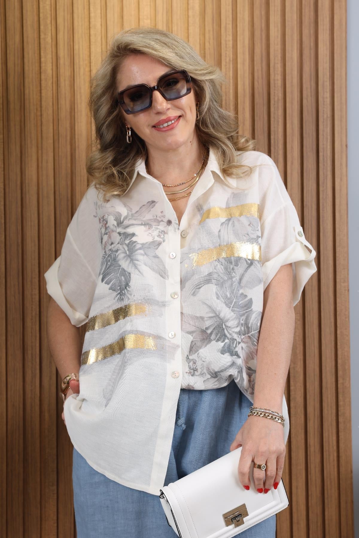 İthal Yaldız Çizgili Gri Çiçek Desen Gömlek