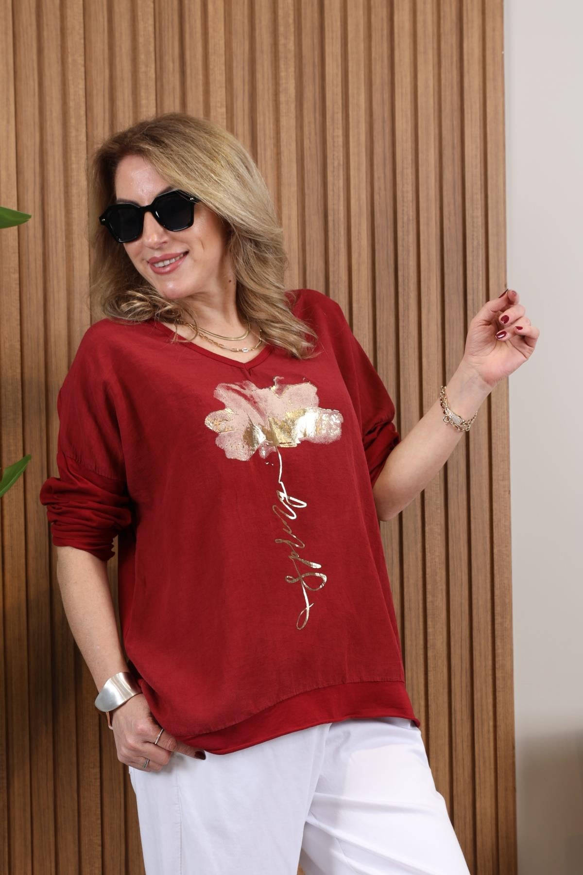 İthal Yaldızlı Karanfil Desen Bordo Bluz
