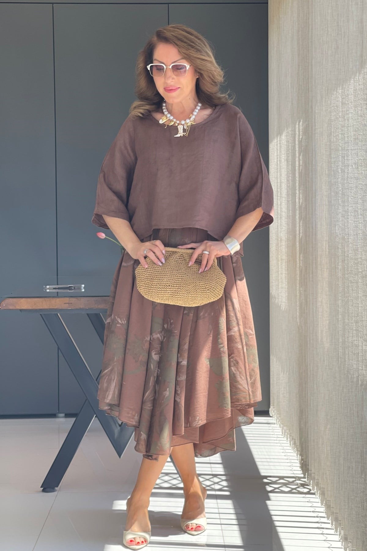 İthal Yaprak Desen Kahve Elbise