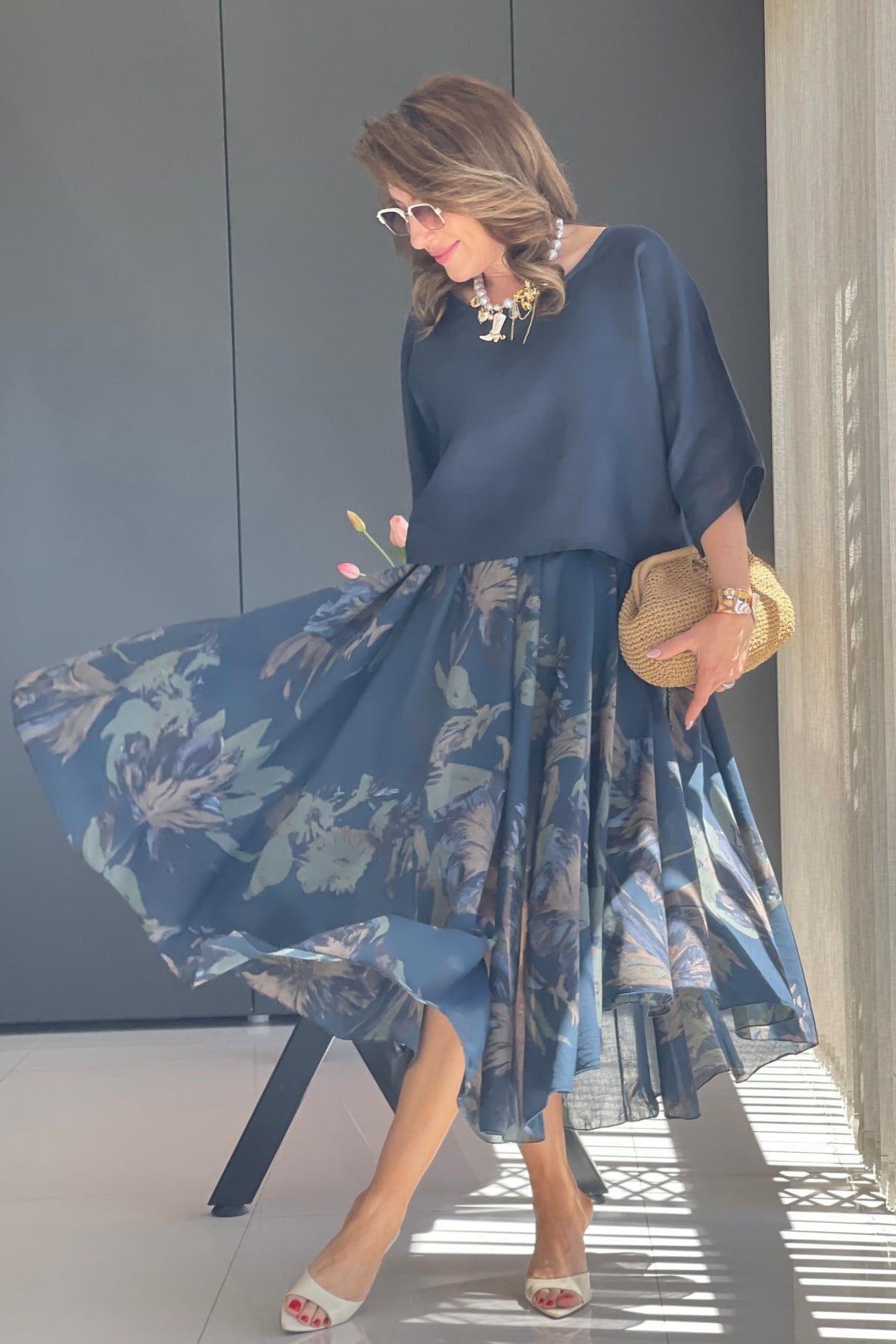 İthal Yaprak Desen Lacivert Elbise