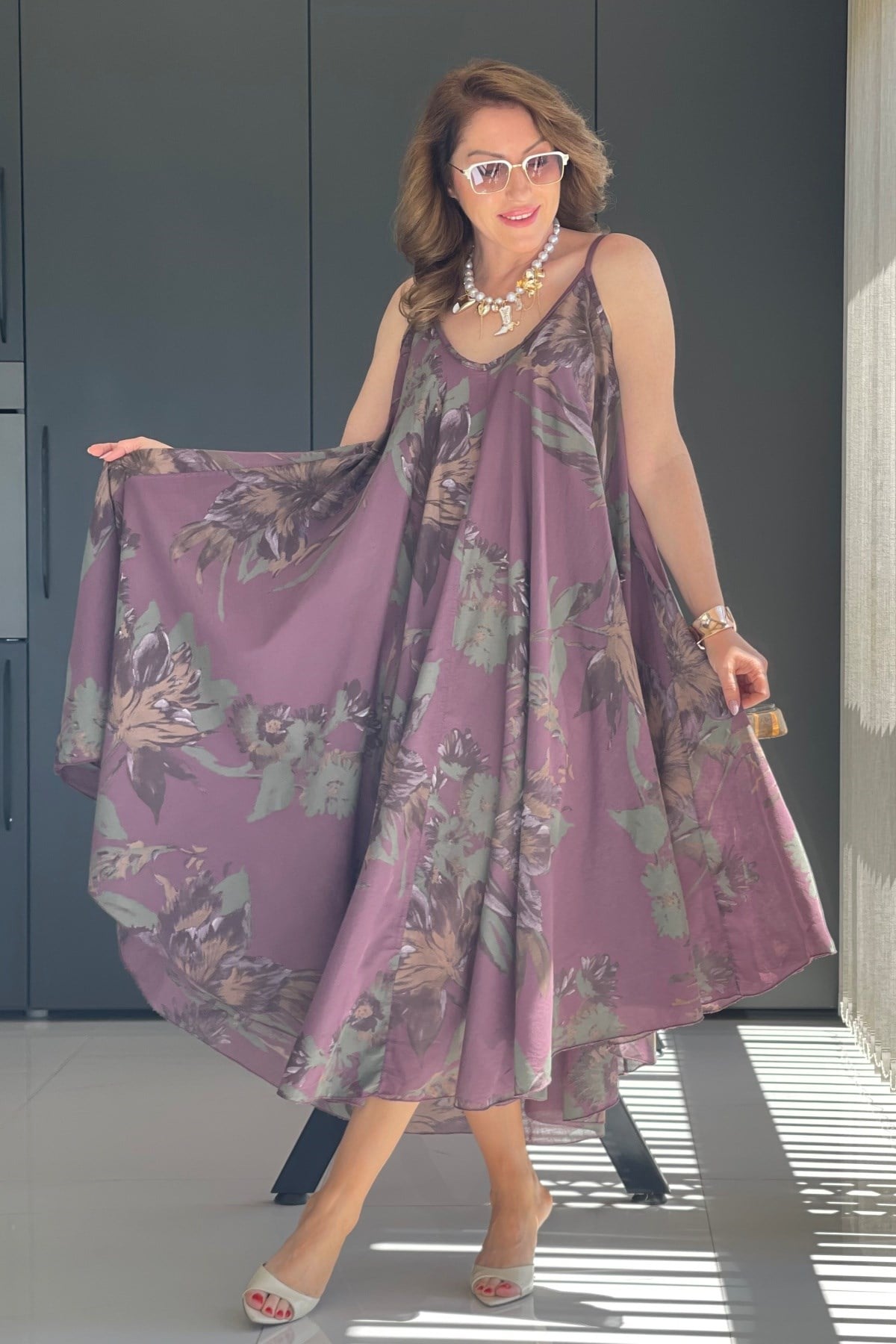 İthal Yaprak Desen Mürdüm Elbise