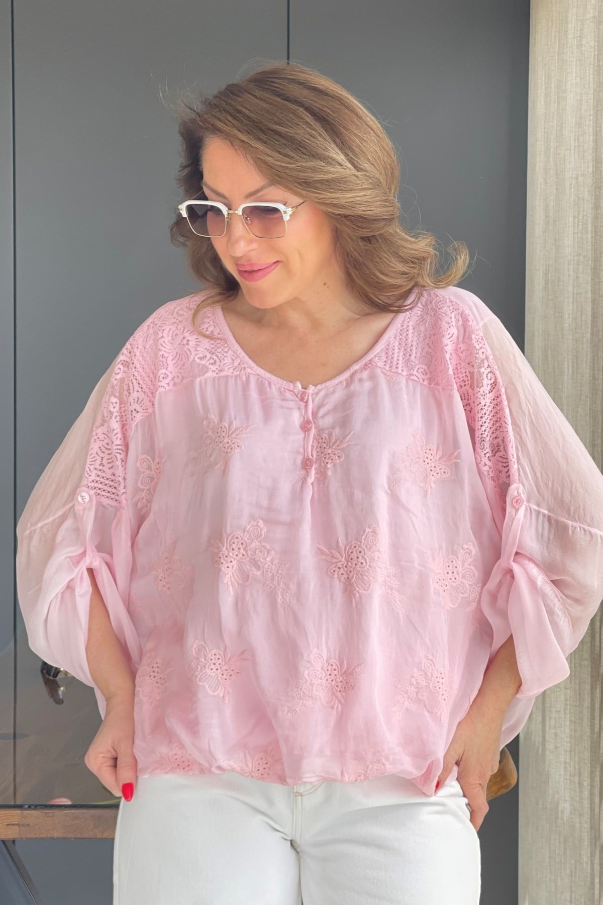 Kabartmalı Yaprak Desen İthal İpek Pembe Bluz