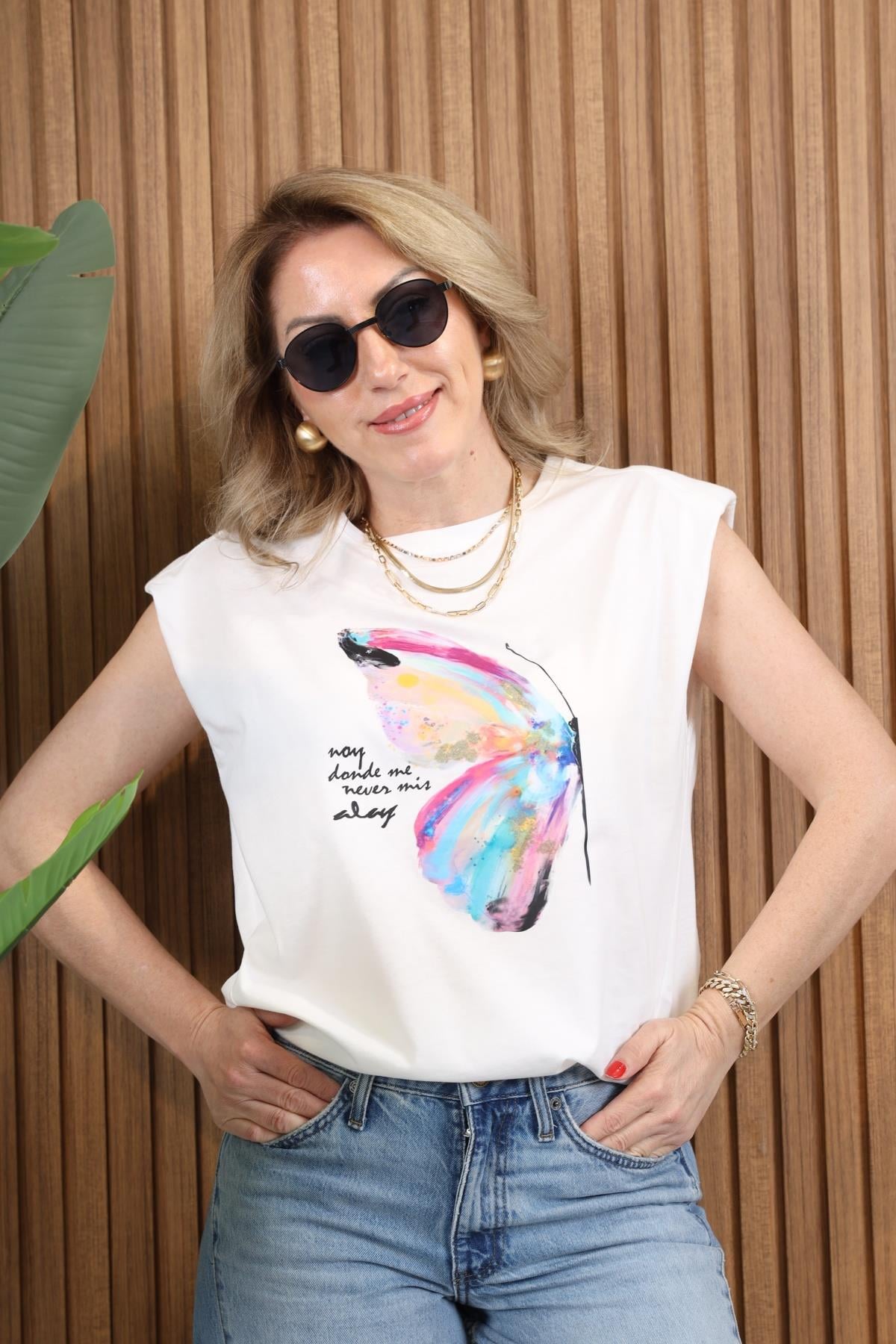 Kanat Desen Vatkalı Ekru T-shirt