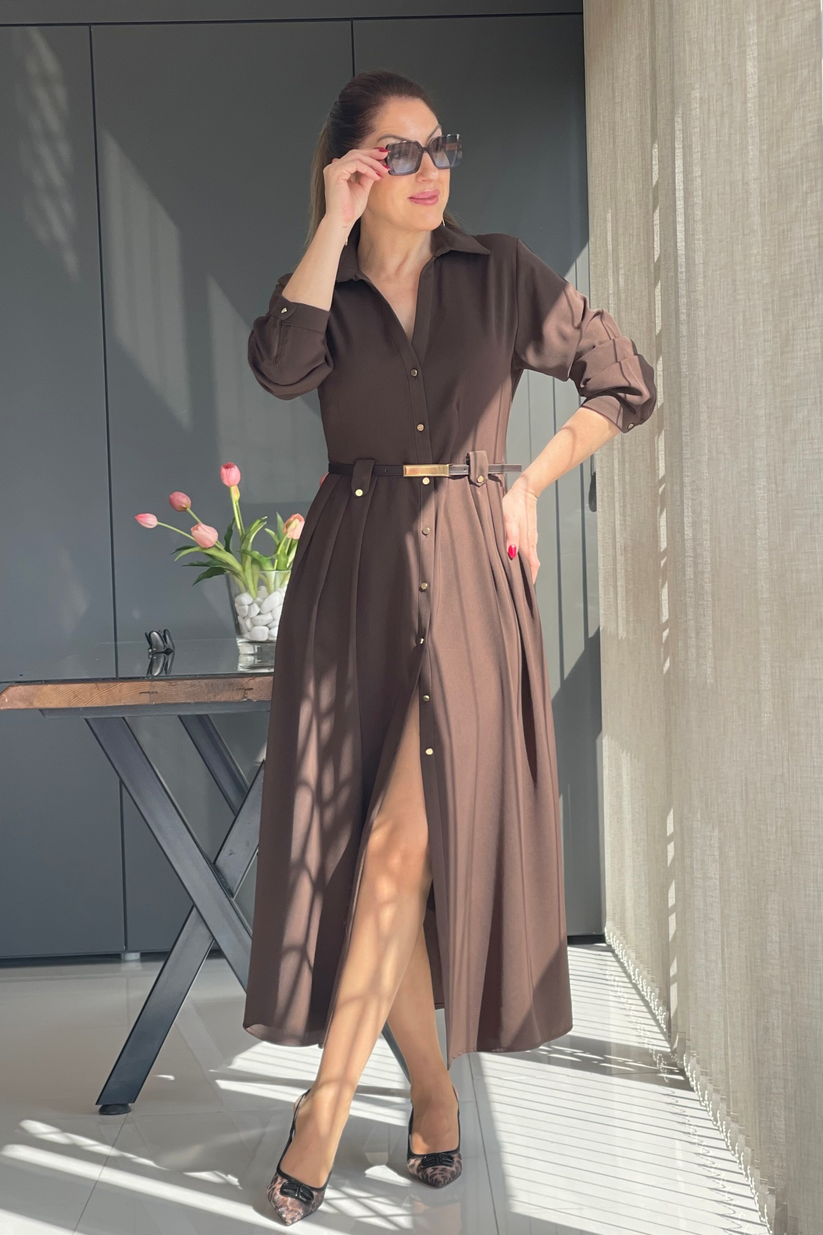 Kemer Detay Düğmeli Kahve Elbise