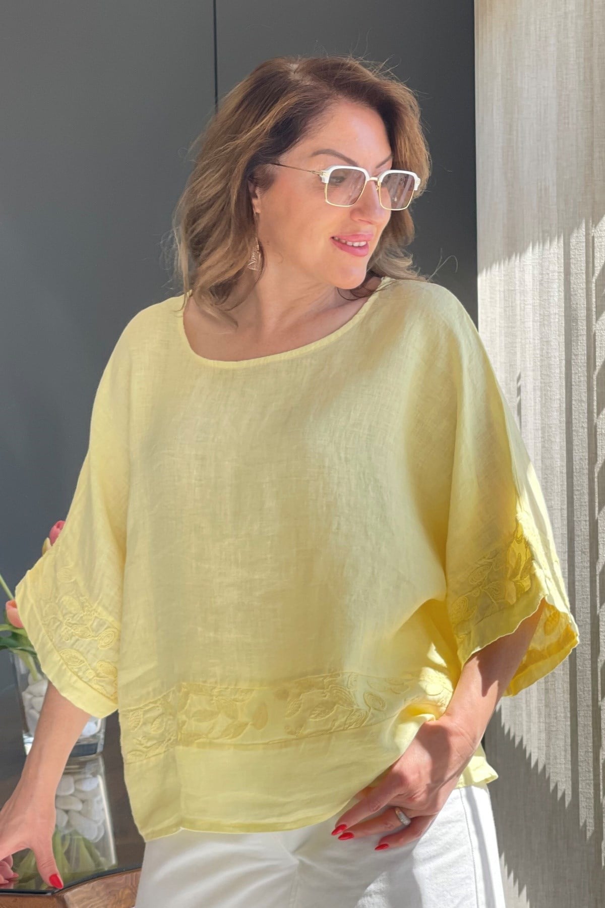 Keten Oversize Sarı Bluz