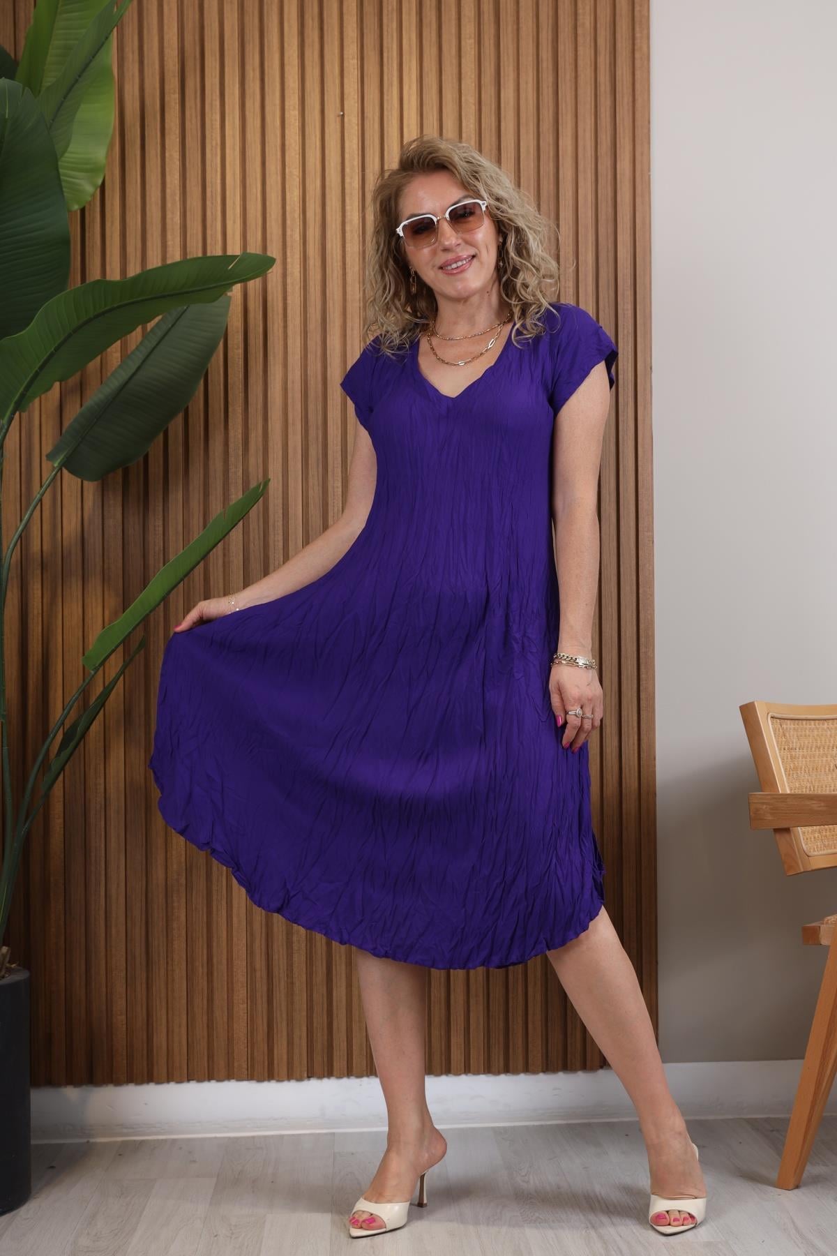 Kırışık Model Mor Elbise
