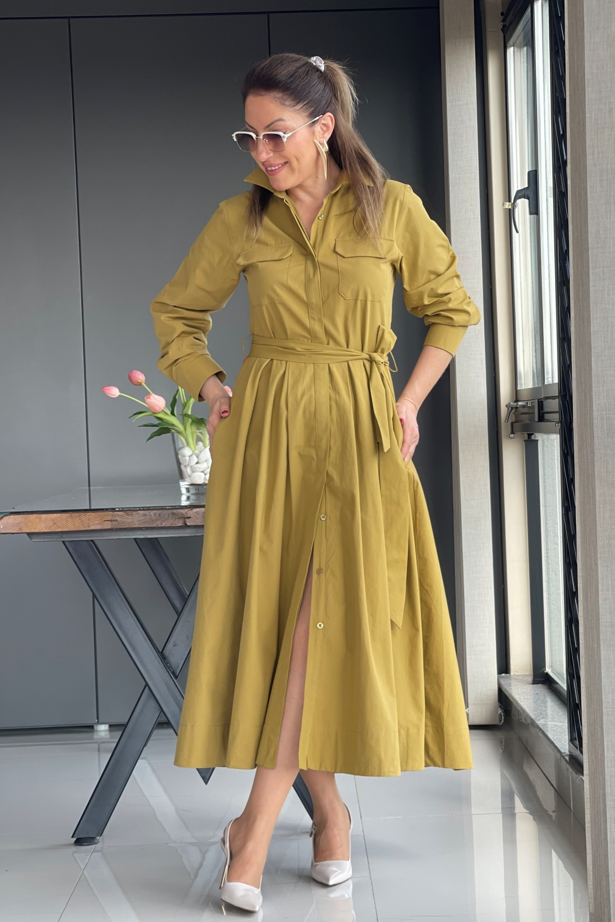 Kuşak Detay Düğmeli Hardal Renk Elbise