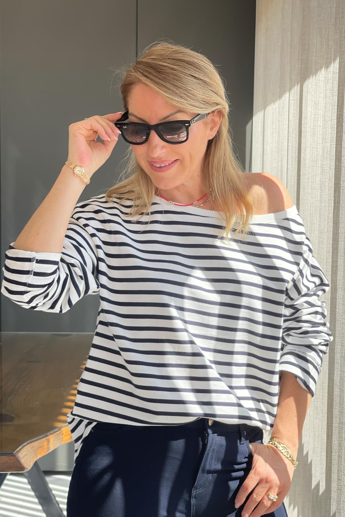 Lacivert Çizgi Oversize Sweat