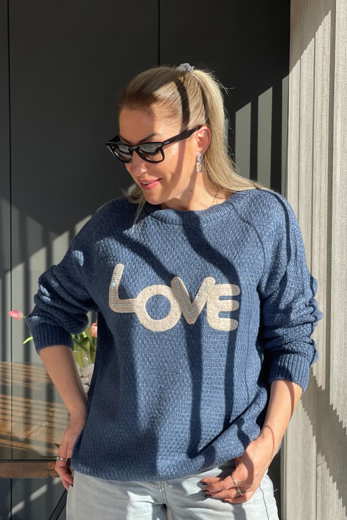 Love Kabartma Desen İndigo Kazak