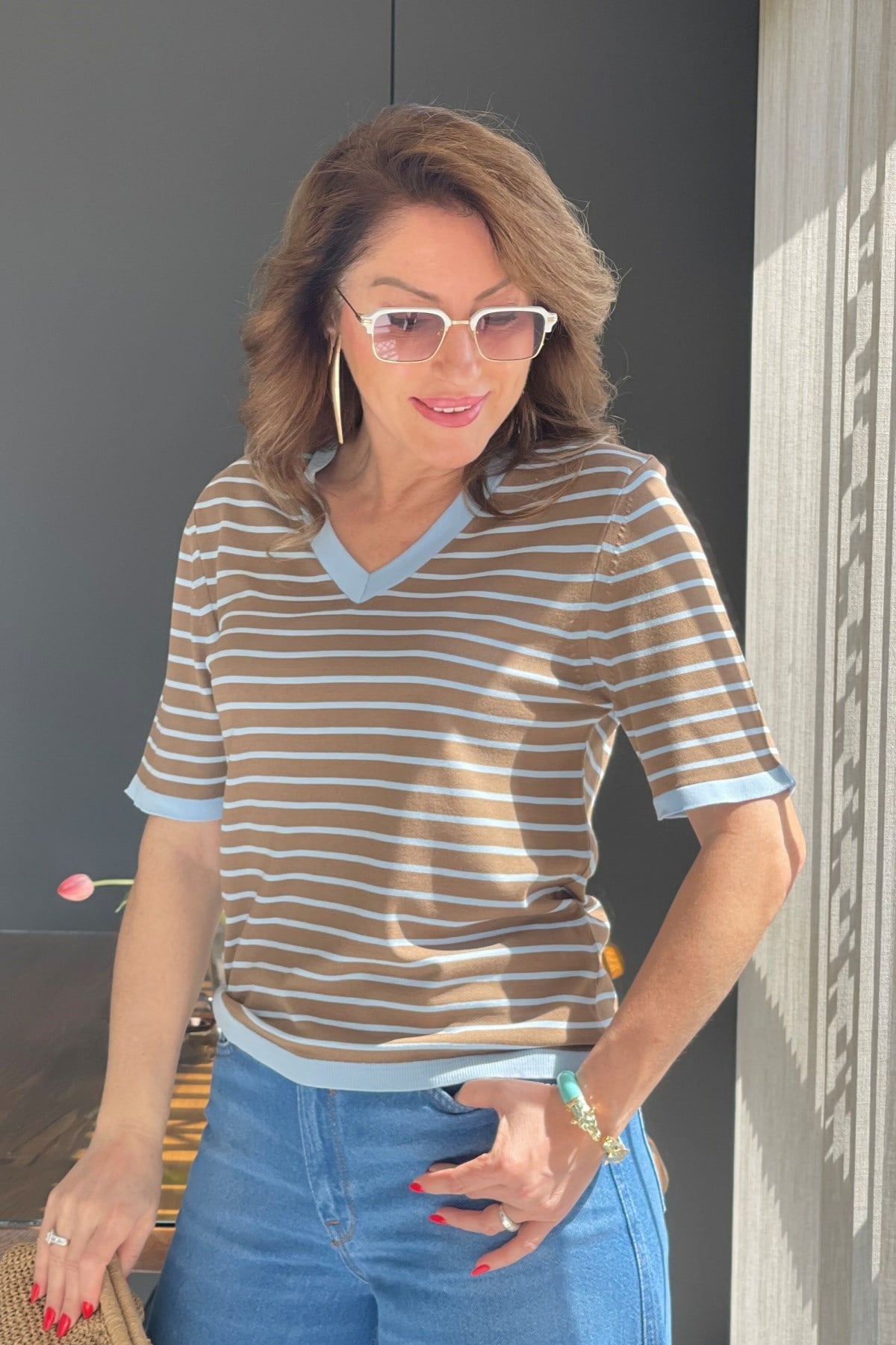 Mavi Çizgi Cappuccıno Triko Bluz