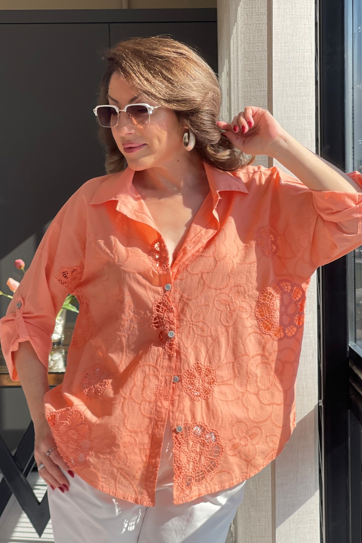 Nakış Çiçek Desen Orange Gömlek