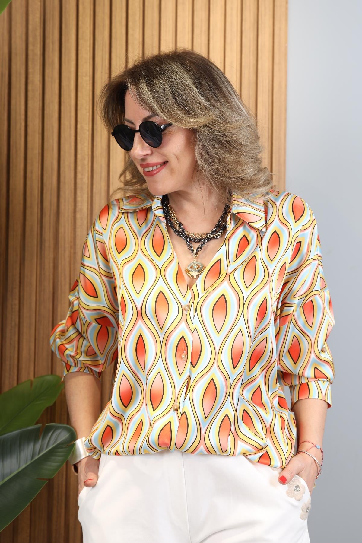 Orange Damla Model Düğmeli Oversize Bej Gömlek