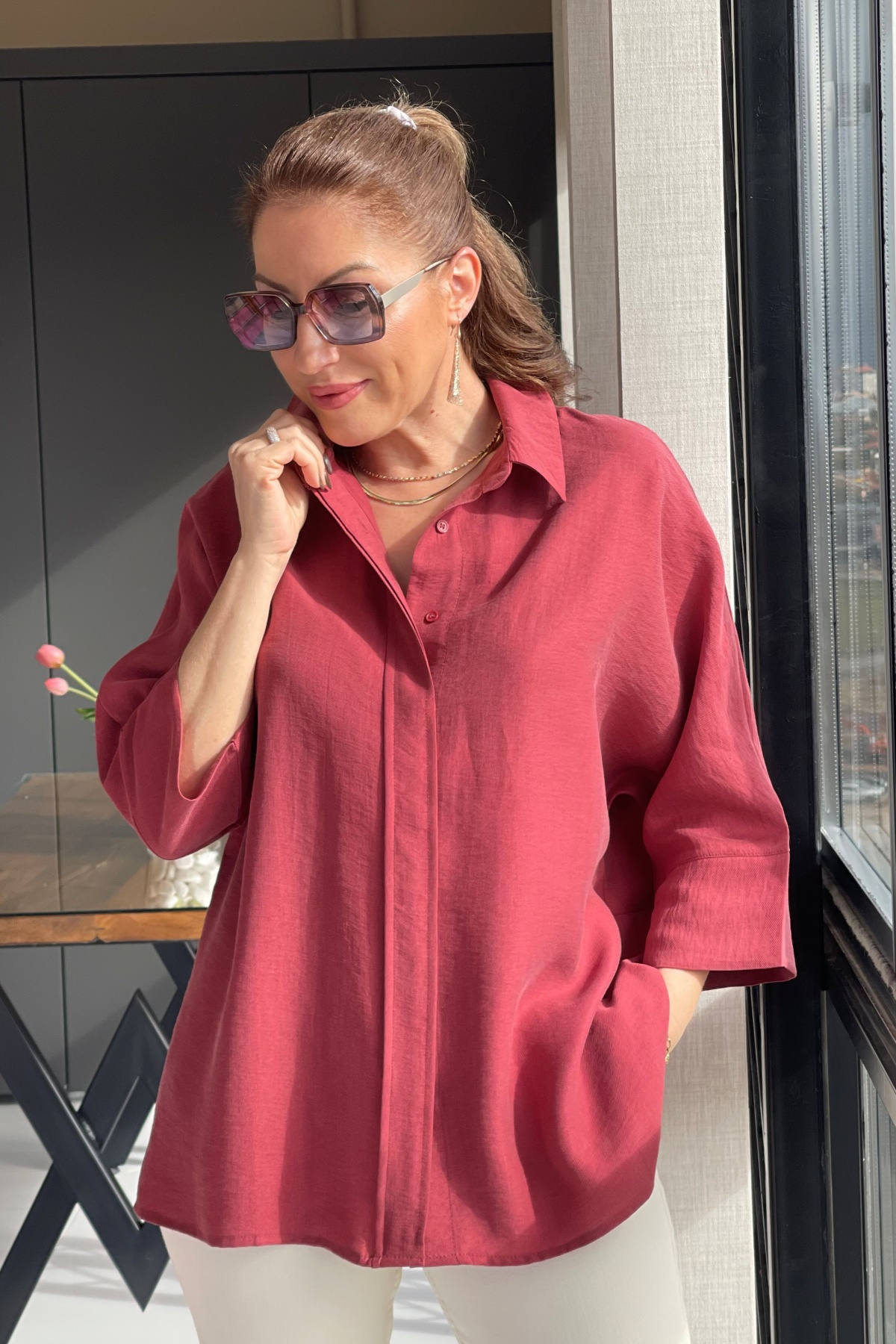 Oversize Bordo Gömlek