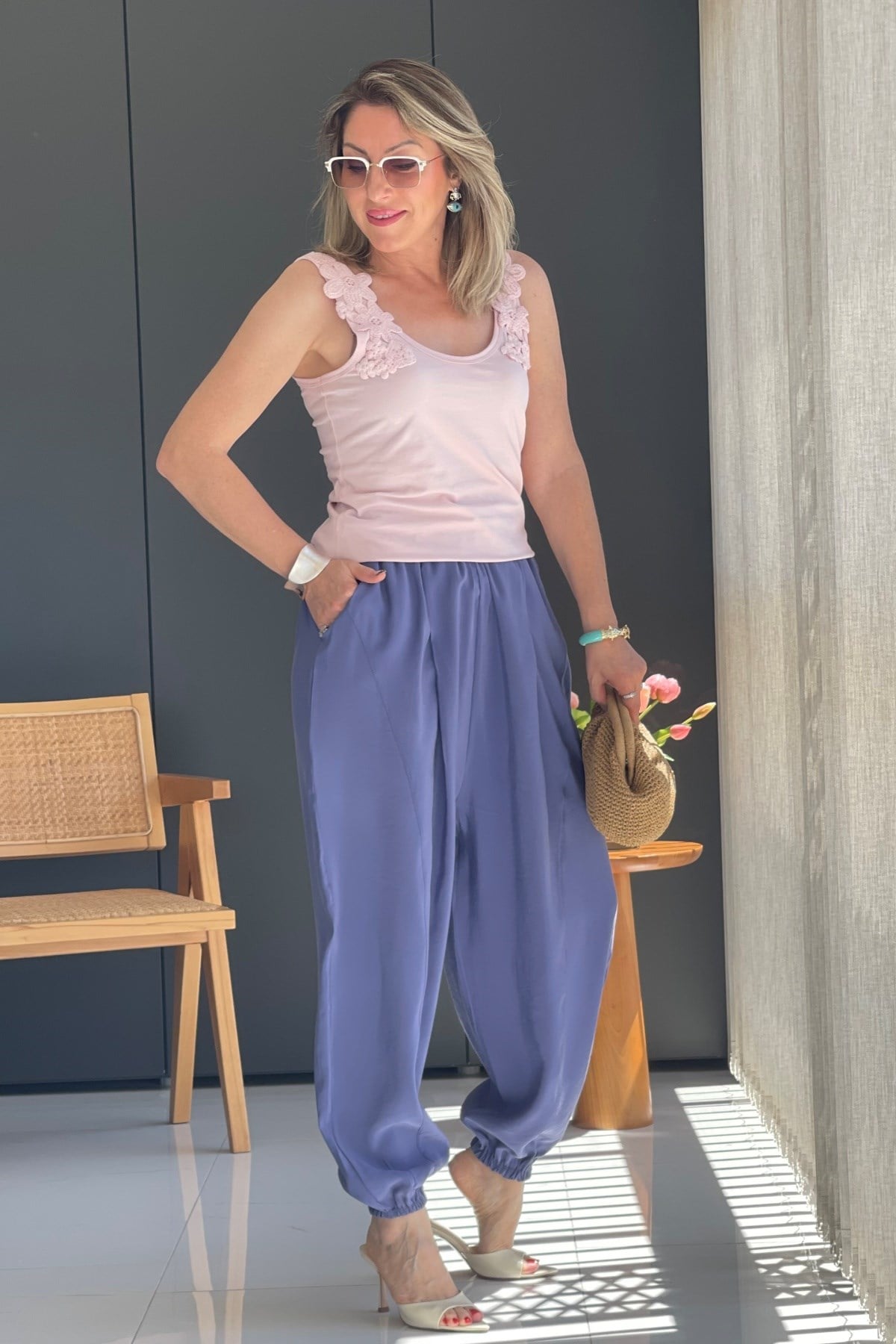 Paça Detay Şalvar Model Mavi Pantolon