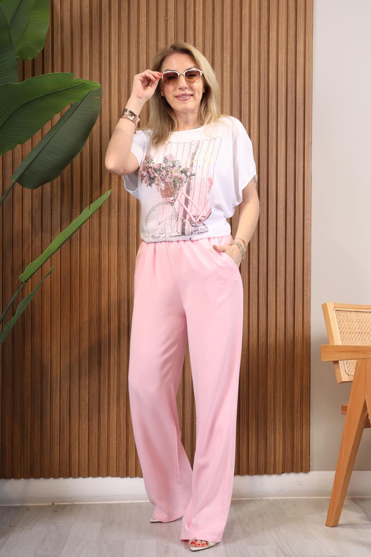 Pembe Renk Pamuk Palazzo Pantolon