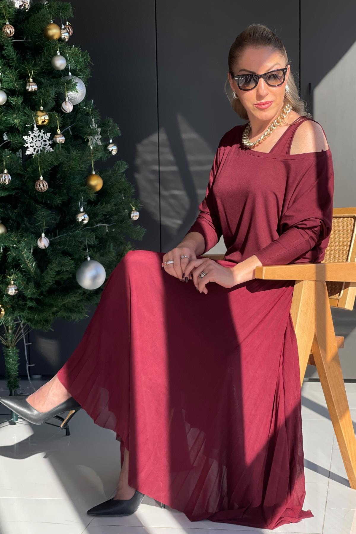 Pilise Etek Detay Bordo Elbise