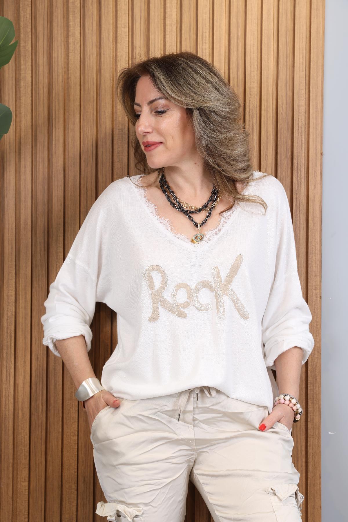 Rock Yazı Detay İthal Ekru Bluz