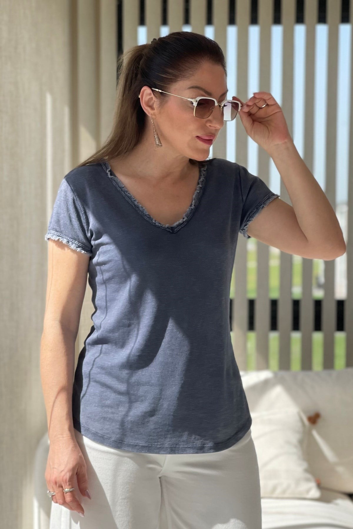 Saçak Detay İthal İndigo T-Shirt