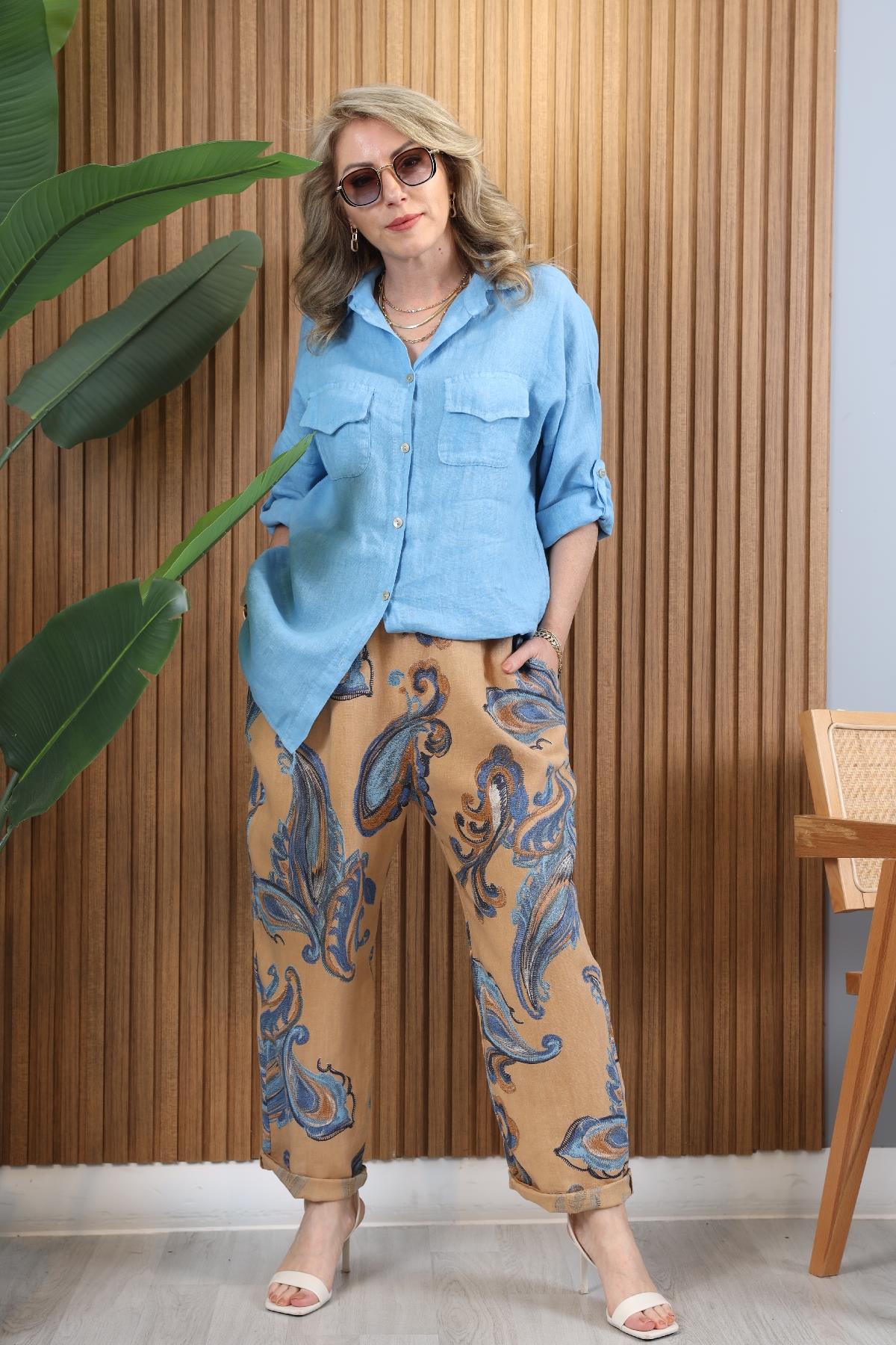 Şal Desen İthal Keten Pantolon Camel