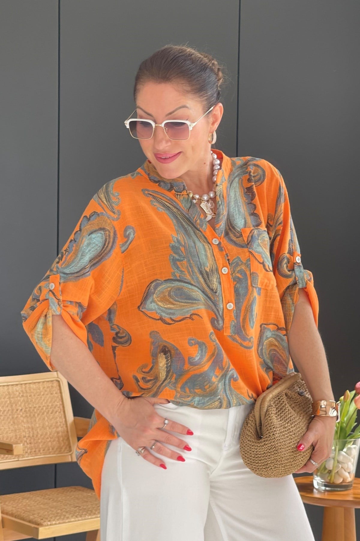 Şal Desen Oranj Gömlek