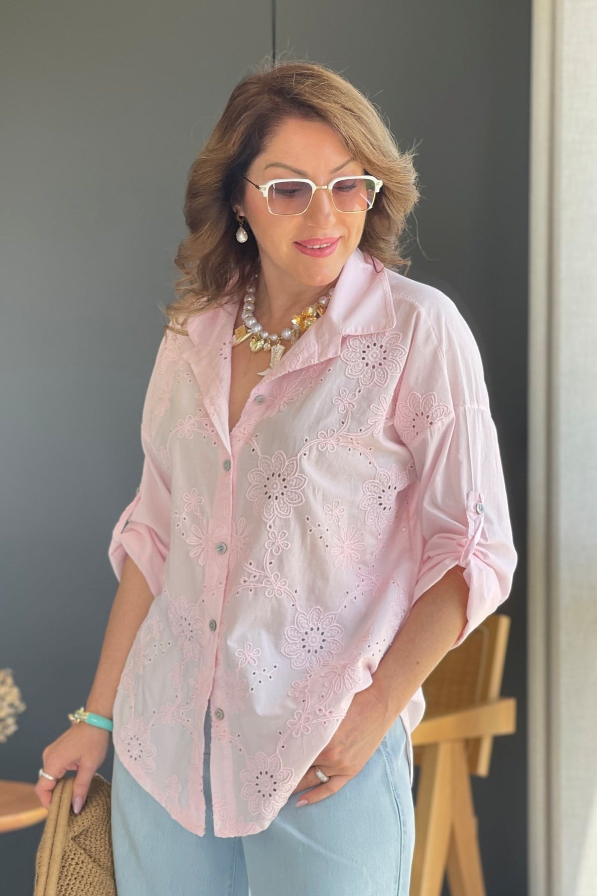 Sarmaşık Yaprak Desen İthal Pembe Gömlek