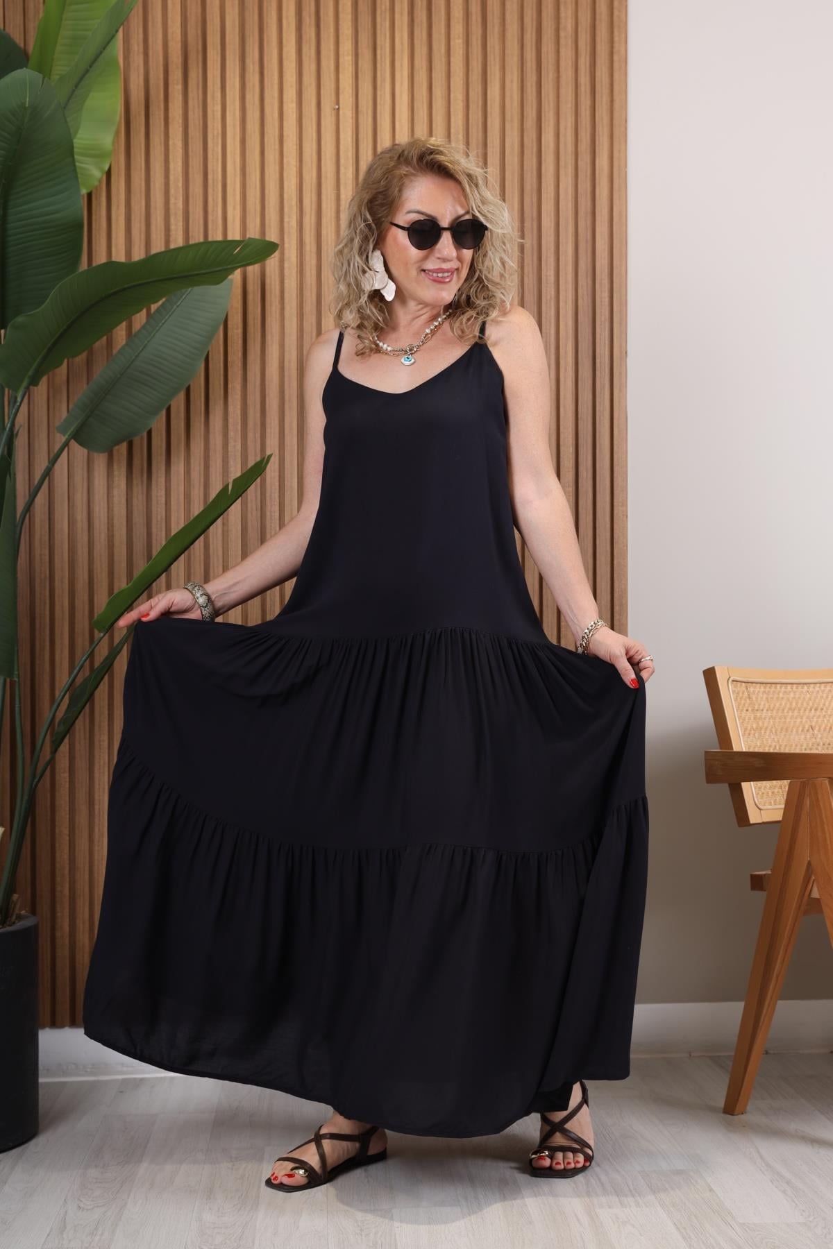 Siyah İp Askı Kat Elbise