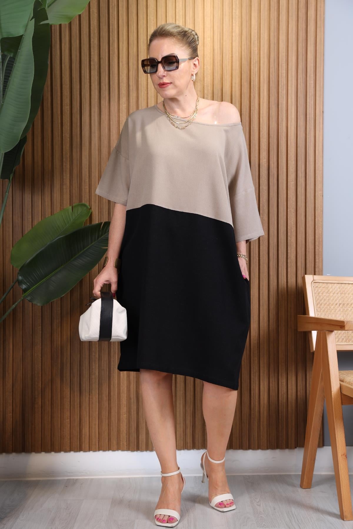 Siyah Vizon Oversize Elbise