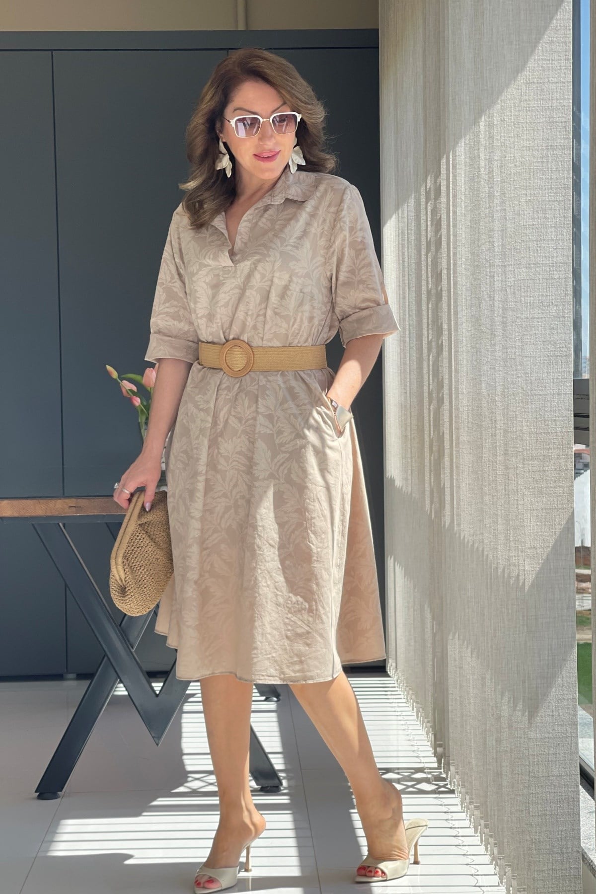 Sonbahar Yaprak Desen Cappuccıno Elbise