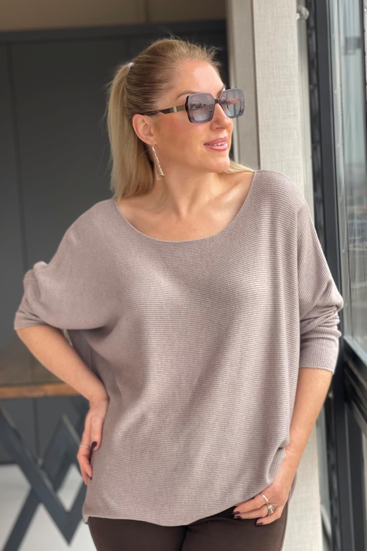 Taş Rengi Düz Desen Örme Bluz