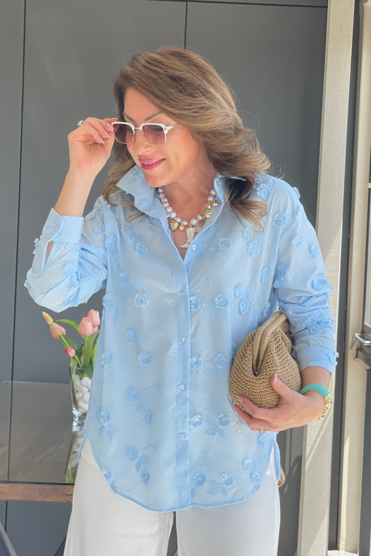 Üç Boyutlu Çiçek Desen Bebe Mavi Gömlek