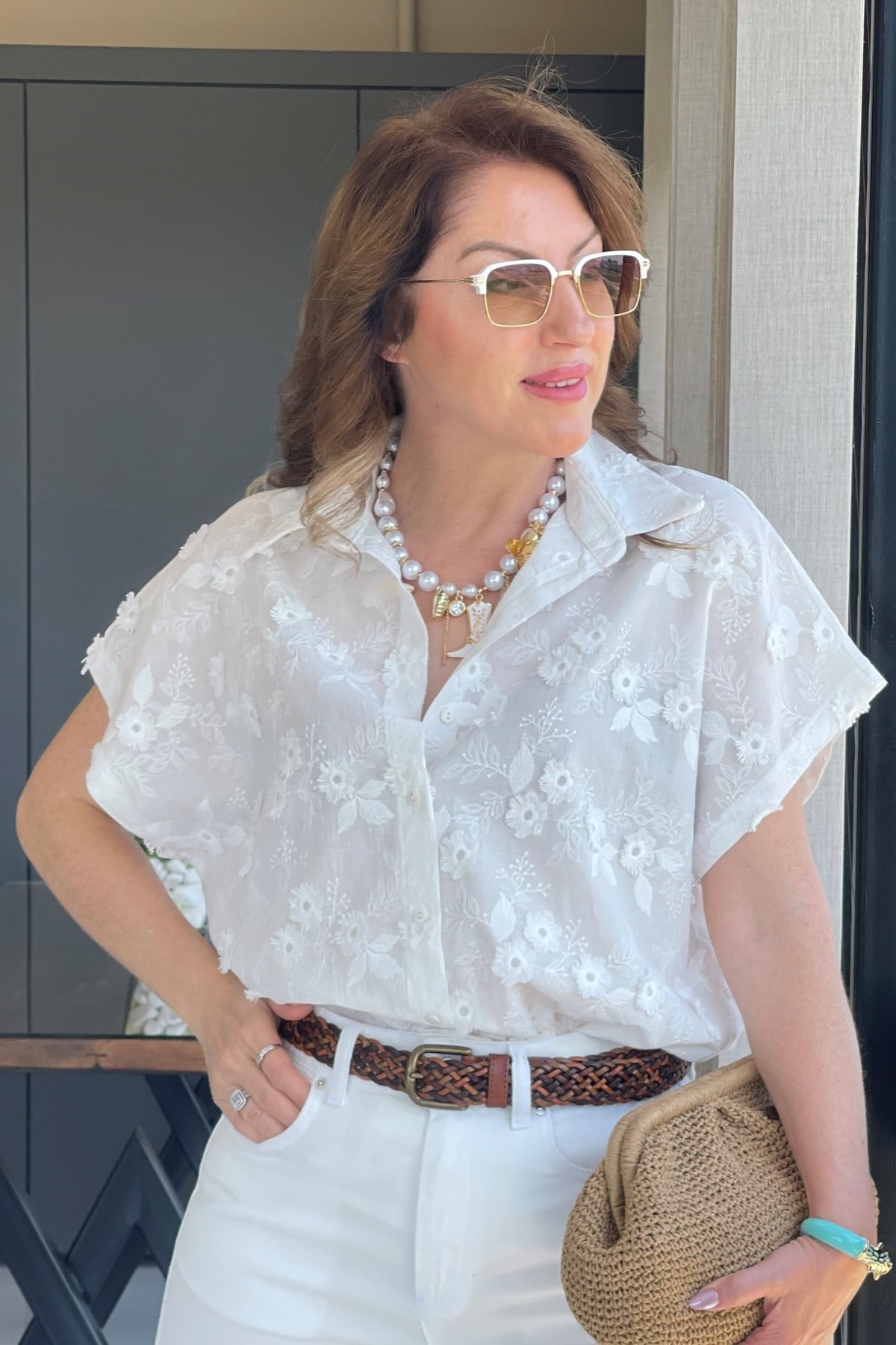 Üç Boyutlu Kısa Kol Ekru Gömlek