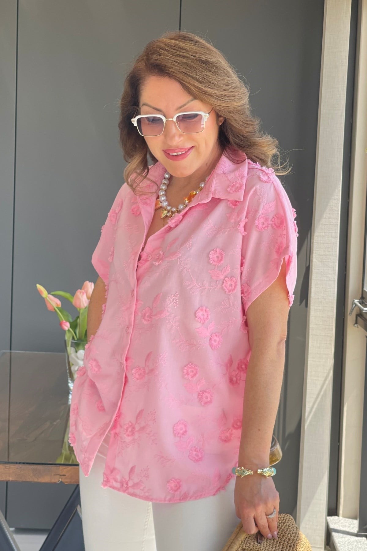 Üç Boyutlu Kısa Kol Pembe Gömlek