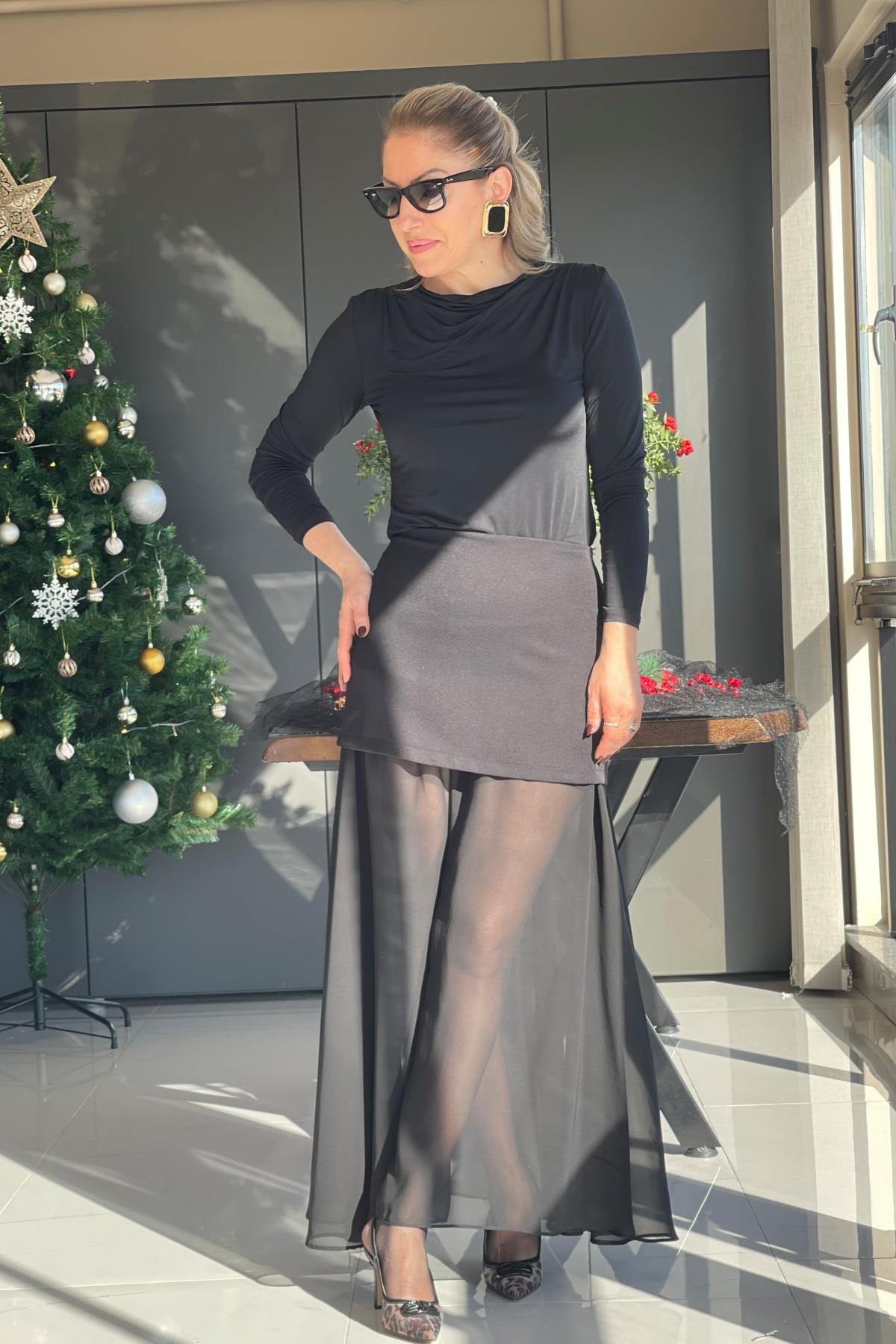 Uzun Tül Detay Siyah Etek