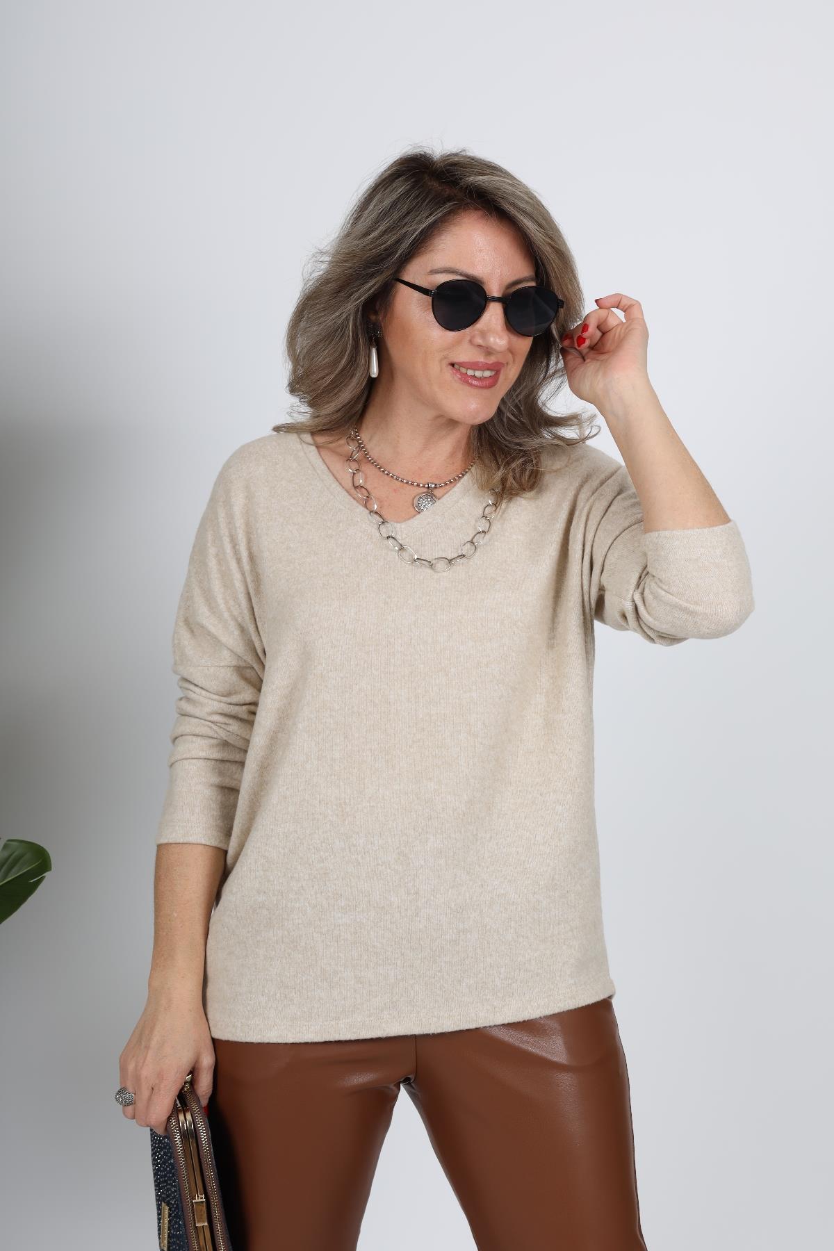 V Yaka Pamuk Sweat Taş Rengi