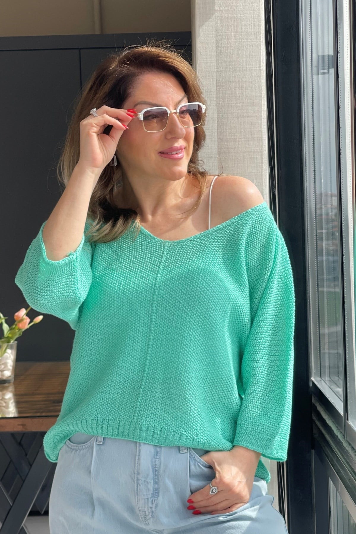 V Yaka Su Yeşili Triko Bluz