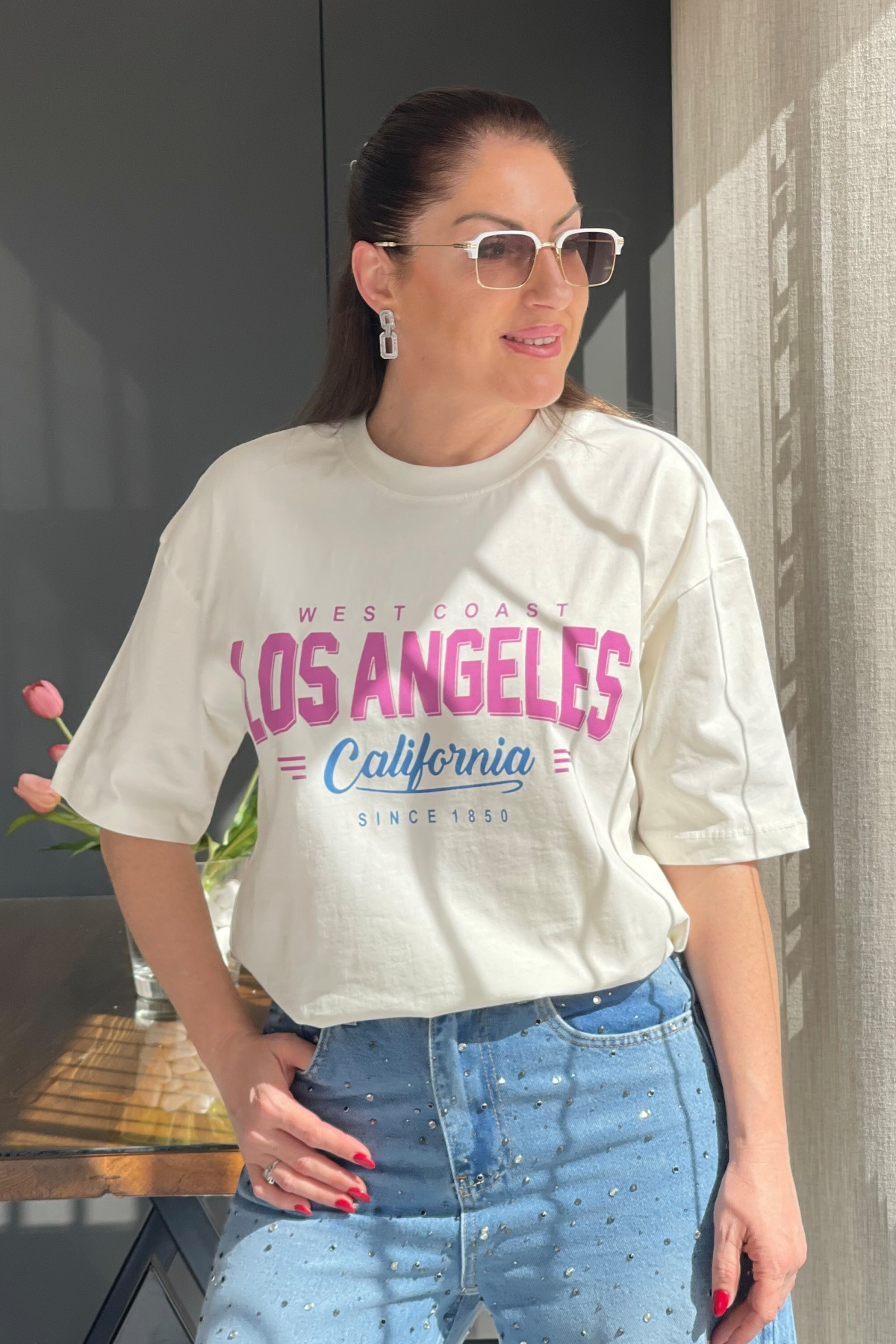 Yazı Detay Ekru Basic T-shirt