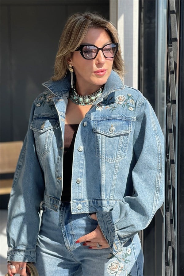 Bej Nakış Jean Ceket