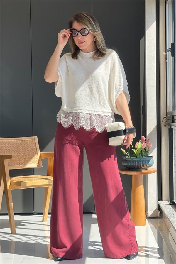 Bel Lastik Detay Tencel Bordo Pantolon