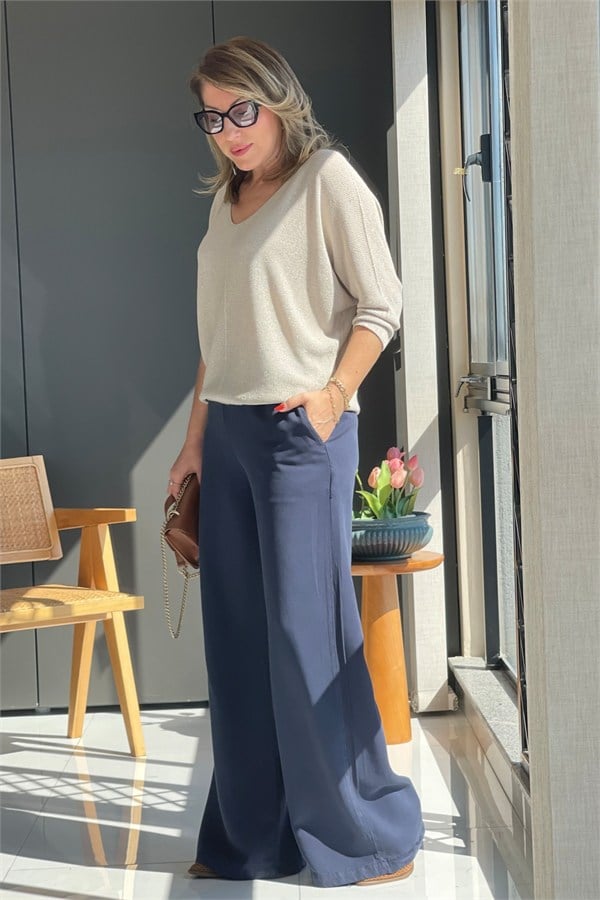 Bel Lastik Detay Tencel Lacivert Pantolon