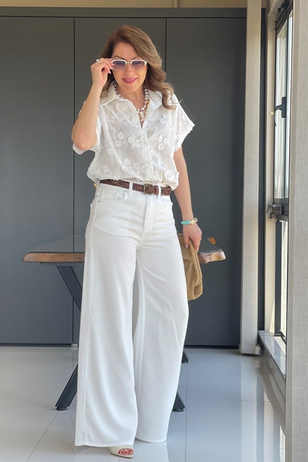 Beyaz Tencel Palazzo Pantolon