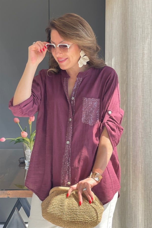 Cep Pul Detay İthal Bordo Gömlek
