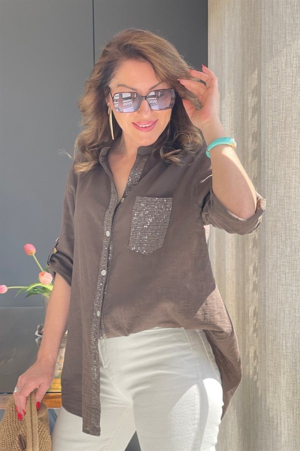 Cep Pul Detay İthal Kahve Gömlek