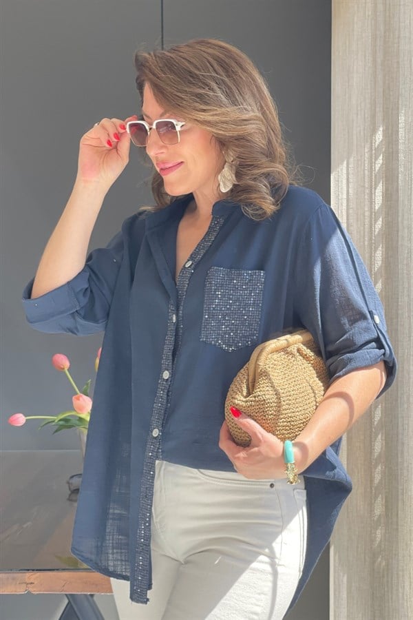 Cep Pul Detay İthal Lacivert Gömlek