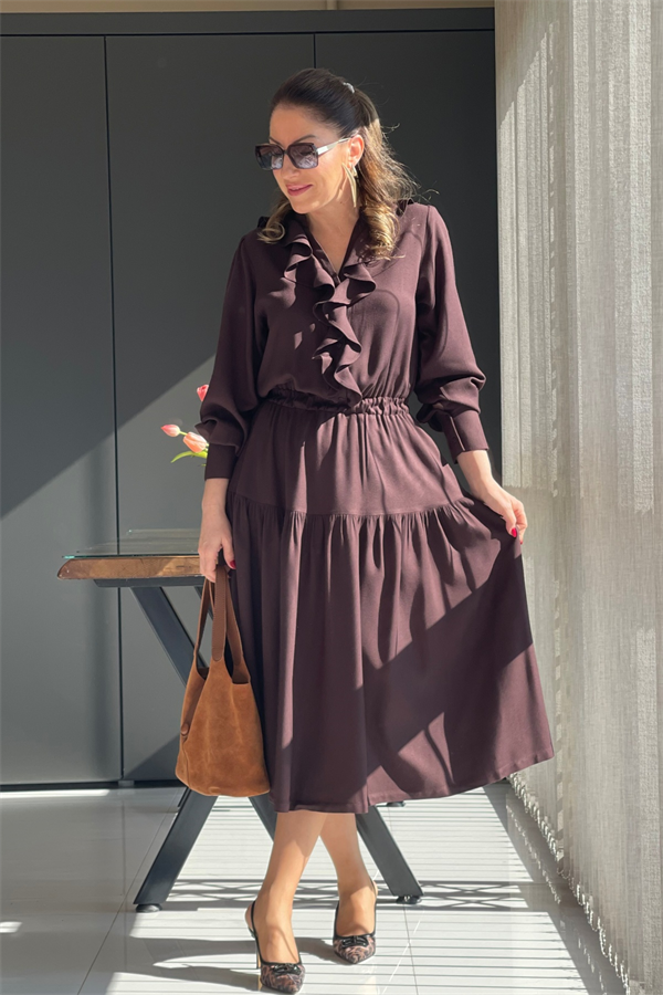 Fırfır Detay Acı Kahve Elbise