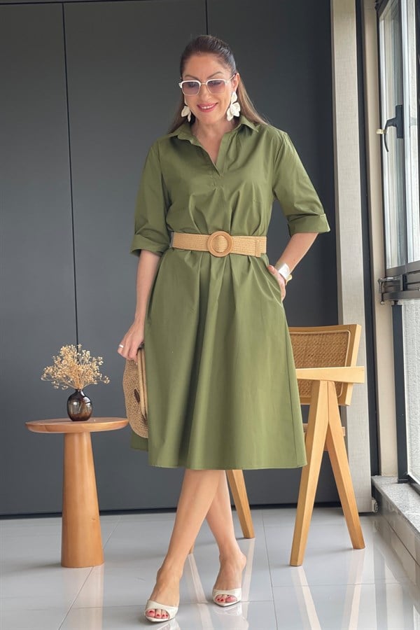 Haki Oversize Poplin Elbise
