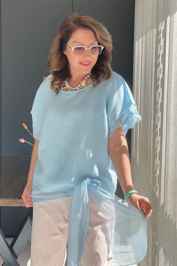 İthal Bağlama Detay Keten Bebe Mavi Bluz