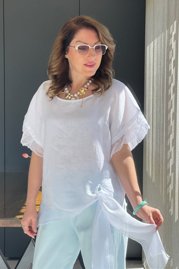 İthal Bağlama Detay Keten Beyaz Bluz