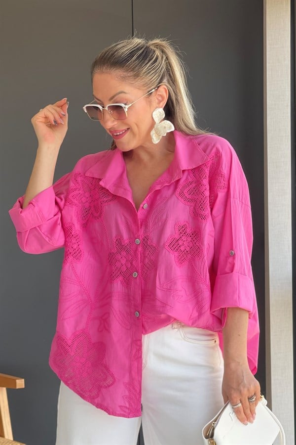 İthal Manolya Desen Fuşya Gömlek