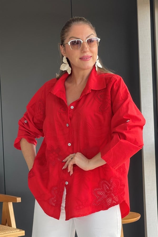İthal Manolya Desen Kırmızı Gömlek